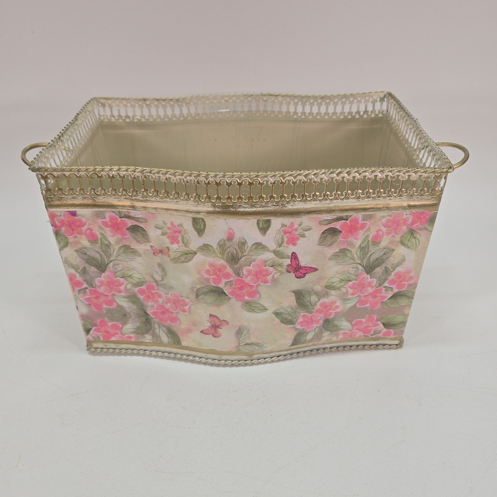Burton‎ + Burton Decorative Metal Tin Planter Floral & Butterfly 12" X 7" X 8"